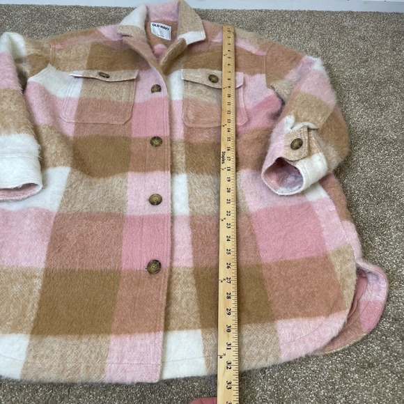 Old Navy Checkered Coat wool Shacket jacket plaid pink/brown pockets SZ L - Picture 10 of 11